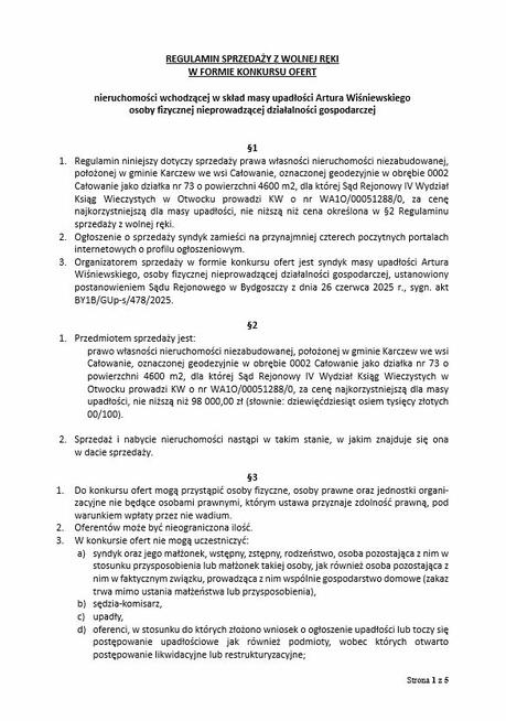 Syndyk sprzeda nieruchomość niezabudowaną we wsi Całowanie,