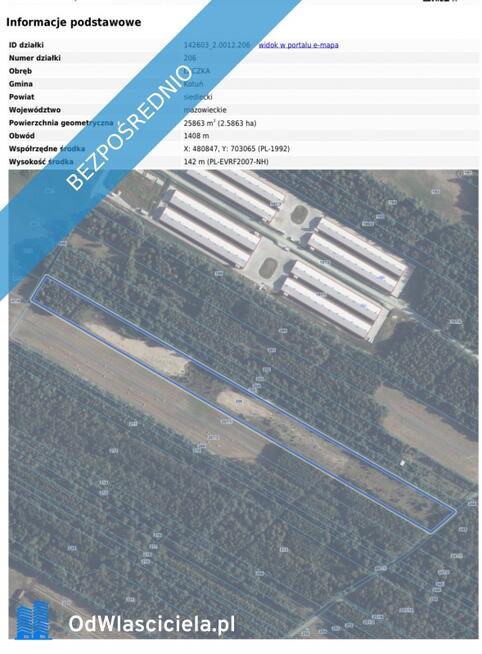 Dwie działki rolne nr 205 i 206, 3,03 ha przy drodze. Łączka gm. Kotuń.