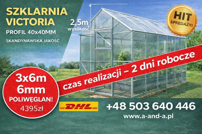 Mocna Szklarnia Victoria, wysokość: 2,50m, profil: 40x40mm