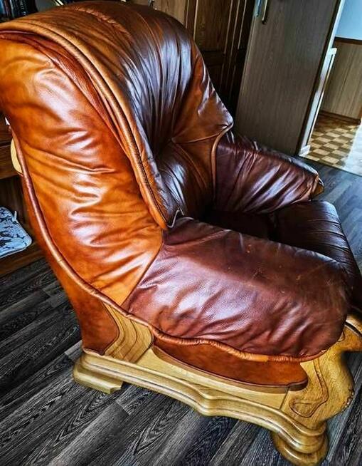 Komplet wypoczynkowy 2+1 drewno, skóra prawdziwa