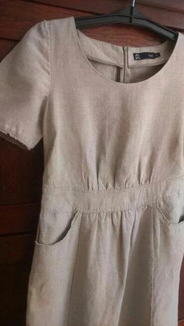 Sukienka lniana gruba M - len naturalny kieszenie
