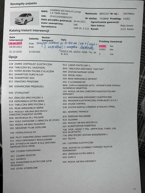 Fiat 500 1.0 Lounge 70KM Hybrid - Niski przebieg, serwisowan