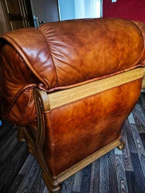 Komplet wypoczynkowy 2+1 drewno, skóra prawdziwa