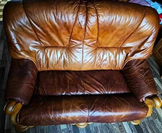 Komplet wypoczynkowy 2+1 drewno, skóra prawdziwa