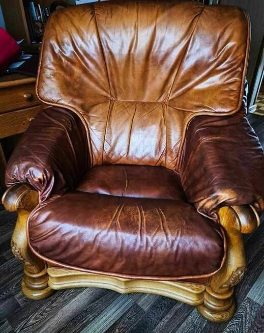 Komplet wypoczynkowy 2+1 drewno, skóra prawdziwa