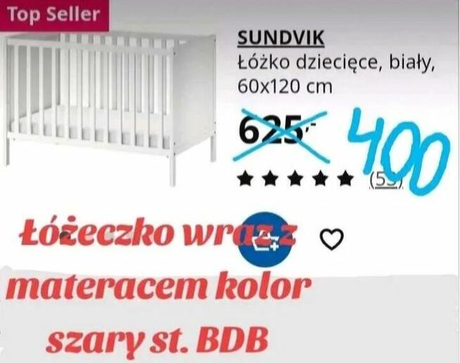 Ikea łóżeczko Sundvik szare, pościel, wanienka