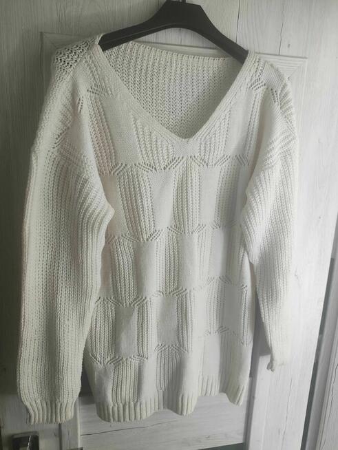 Sweter Biały sweterek ażurowy damski Oversize