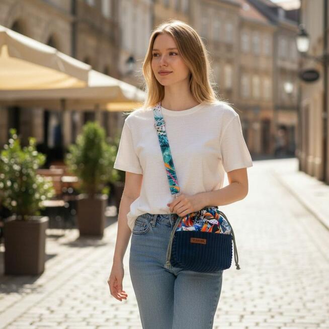 Torebka Sakiewka Sztruksowa Granatowa z Motywem Kolorowa Dżungla – Handmade