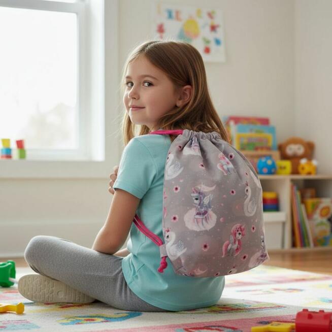 Bawełniany Worek do Przedszkola – Jednorożce i Łabędzie