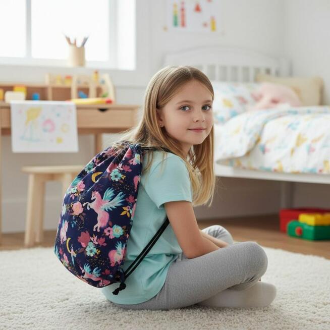 Bawełniany Worek do Przedszkola – Jednorożce na Granatowym Tle