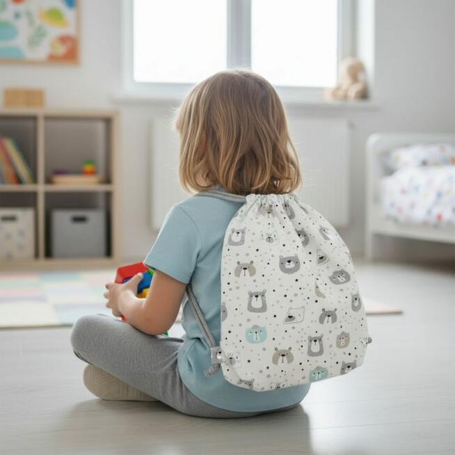 Bawełniany Worek do Przedszkola – Leśne Misie w Pastelowych Odcieniach
