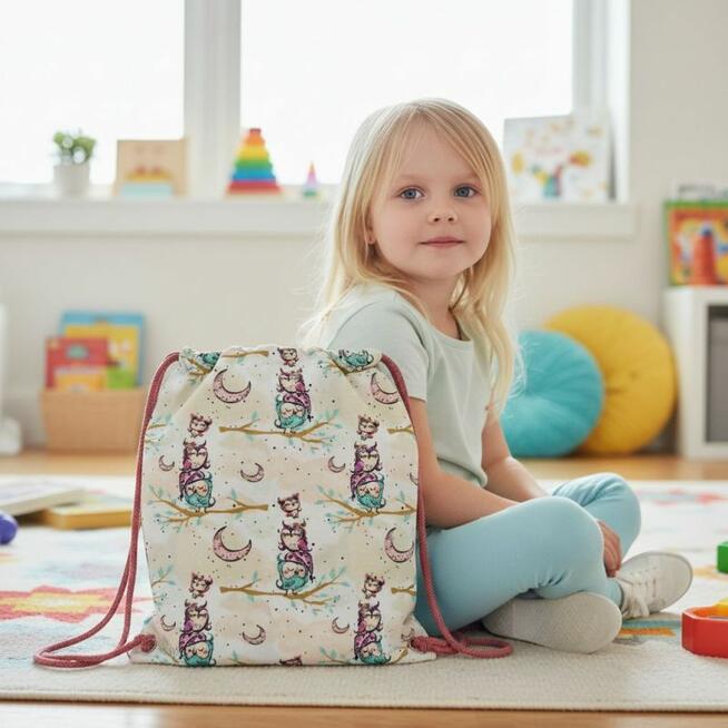 Bawełniany Worek do Przedszkola – Sówki na Gałązkach