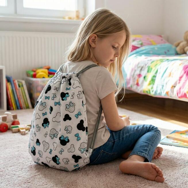 Bawełniany Worek do Przedszkola – Myszki z Miętowymi Kokardkami