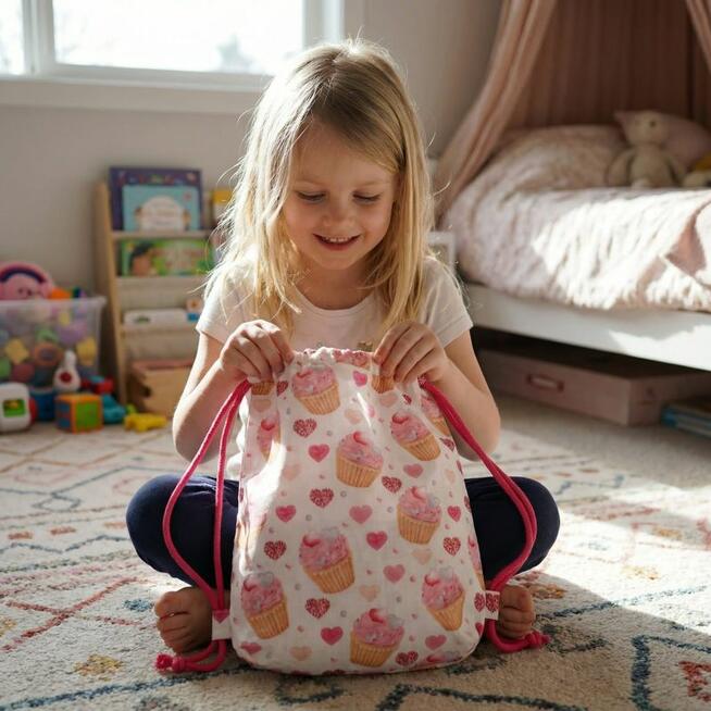 Bawełniany Worek do Przedszkola – Muffinki z Serduszkami