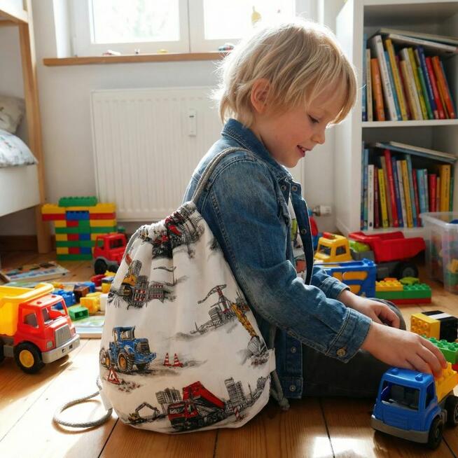 Bawełniany Worek do Przedszkola – Maszyny Budowlane i Pojazdy Robocze