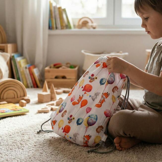 Bawełniany Worek do Przedszkola – Liski i Baloniki w Pastelowych Kolorach