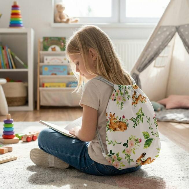 Bawełniany Worek do Przedszkola – Leśne Zajączki z Kwiatami