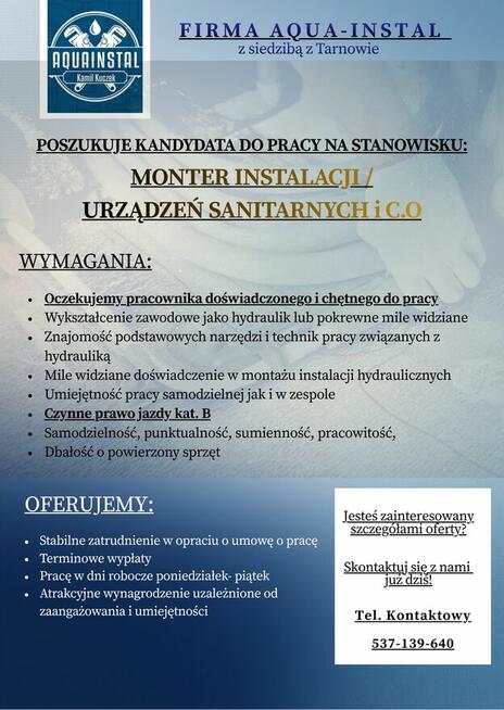 MONTER INSTALACJI / URZĄDZEŃ SANITARNYCH i C.O