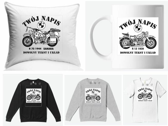 Grafiki motocykle do druku kubki, poduszki, odzież