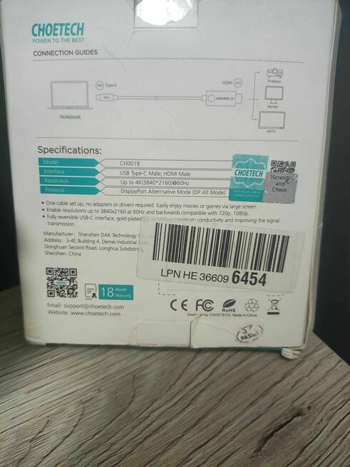 Kabel Choetech Przewód USB-C HDMI CH0019 adapter Przejściówka