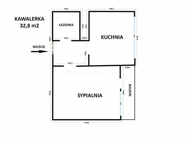 Kawalerka 32,8 mkw z balkonem i dużą kuchnią.