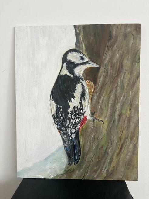 Strażnik lasu – dzięcioł, obraz olejny 24×30 ręcznie malo