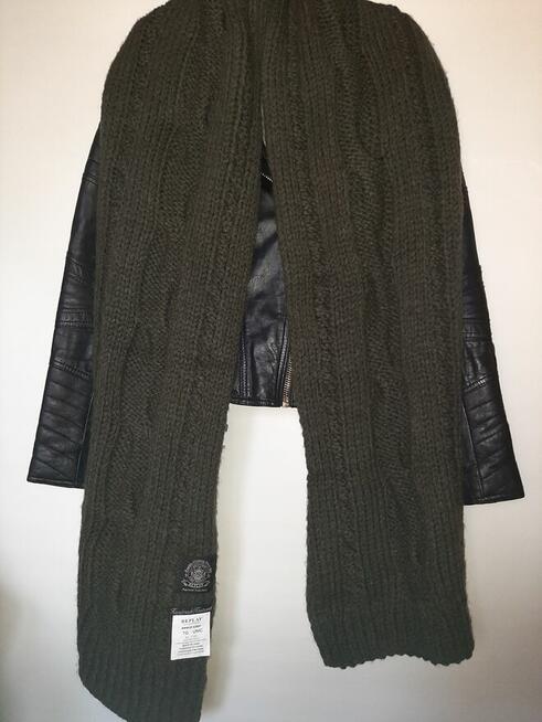 Replay - nowy oliwkowy szal 50 % wool lana
