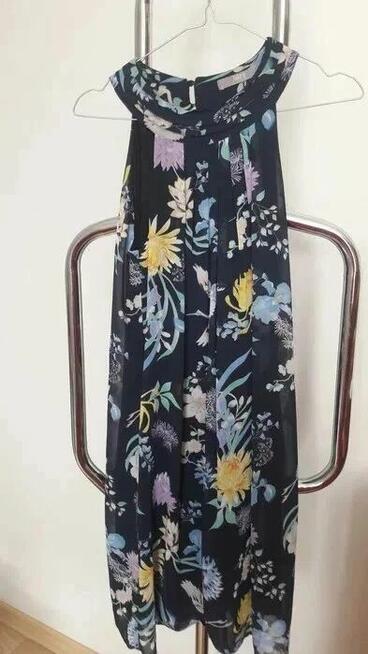 Sukienka granatowa w kolorowe kwiaty + ptaszki XS -S żorżeta