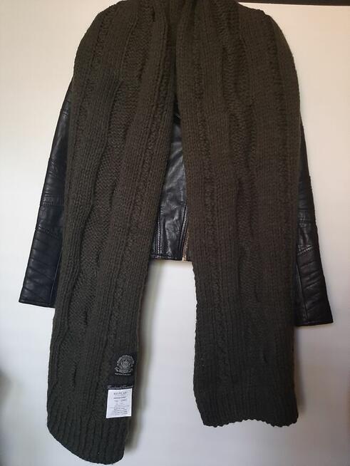 Replay - nowy oliwkowy szal 50 % wool lana