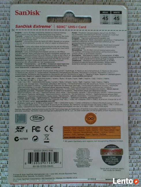 Sprzedam karty Sandisk EXSTRIME 64 GB