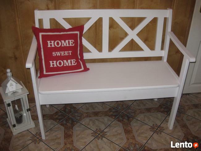 Ławka prowansalska biała schowek podłokietniki drewniana