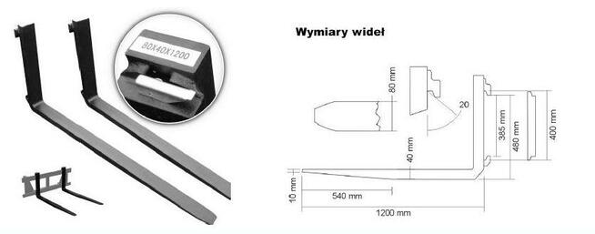 Karetka z widłami 1200x80x40mm klasa 2A zęby Euro złącze