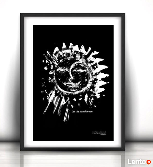 czarny plakat ze słońcem, biało czarna grafika księżyc i sło