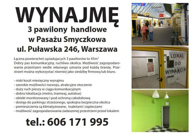Wynajmę 3 pawilony handlowe Pasaż Smyczkowa Warszawa