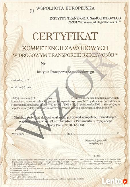 Certyfikat kompetencji przewóz osób rzeczy BEZ ZUS faktura