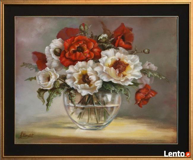 Maki -kwiaty w wazonie, obraz olejny, L. Olbrycht