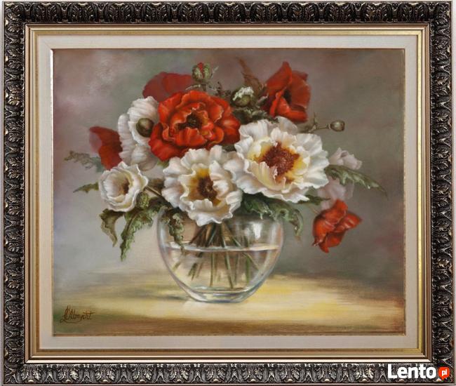 Maki -kwiaty w wazonie, obraz olejny, L. Olbrycht