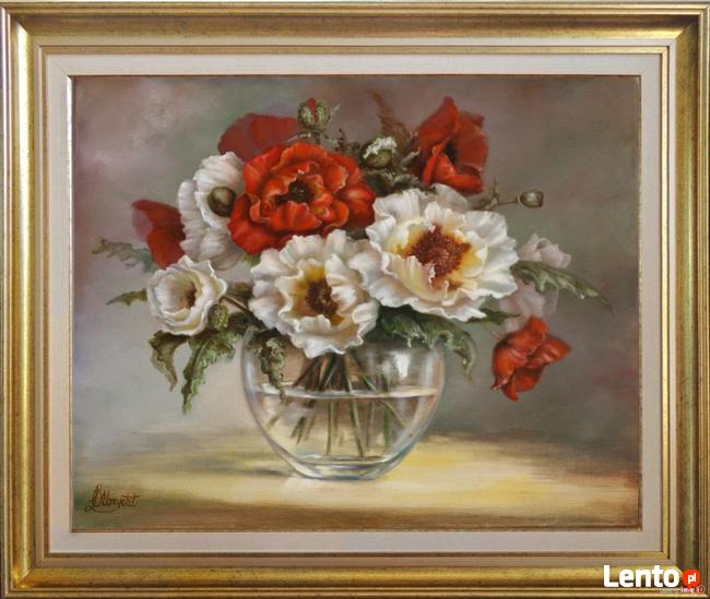 Maki -kwiaty w wazonie, obraz olejny, L. Olbrycht