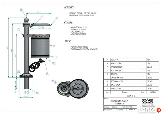 KOSZ NA ŚMIECI MIEJSKI PARKOWY ŻELIWNY PRODUCENT