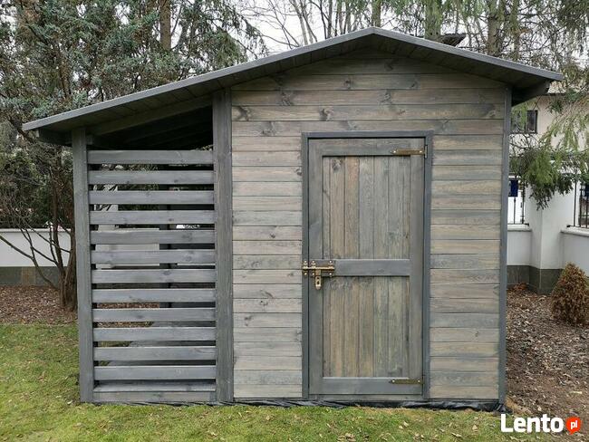 Domek narzędziowy 2 x 2m + drewutnia 1,1 x 2m dach dwuspadow