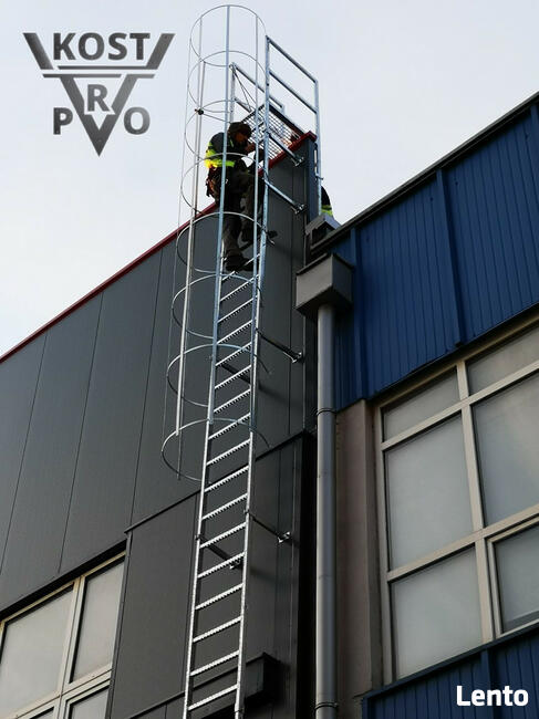 Drabina ewakuacyjna, drabina z koszem ochronnym,