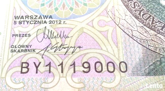 Banknot 100 zł z 2012 Ciekawy numer BY1119000 kolekcjonerski