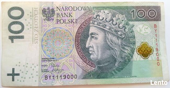 Banknot 100 zł z 2012 Ciekawy numer BY1119000 kolekcjonerski
