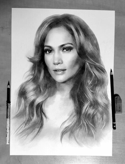 Portret Jennifer Lopez ołówkiem format a3, portrety