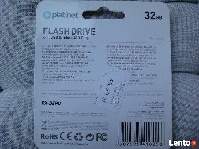 Pendrive PLATINET BX-Depo 32 GB, USB 2.0 + microUSB