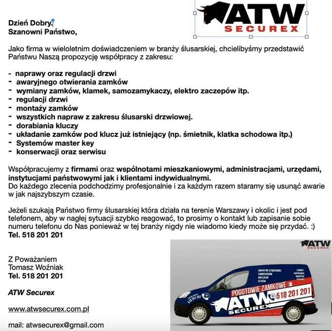 Ślusarz Warszawa. Pogotowie Zamkowe. Mobilny Serwis