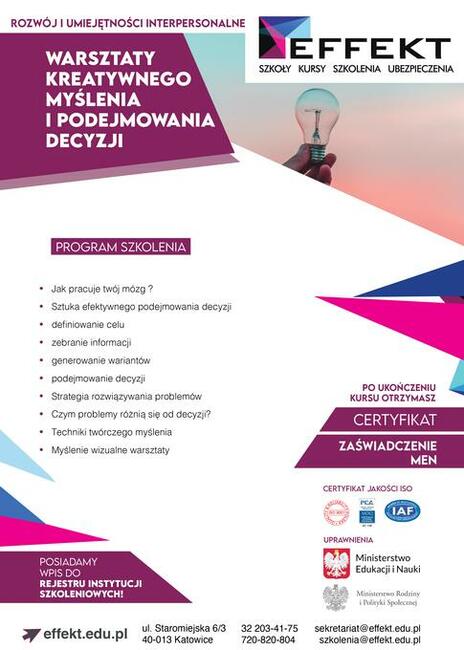 WARSZTATY KREATYWNEGO MYŚLENIA I PODEJMOWANIA DECYZJI
