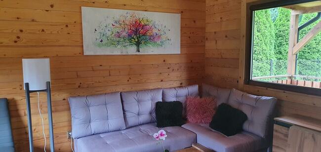 Domki domek z bala przy plaży nad jeziorem Głuszyńskim Orle