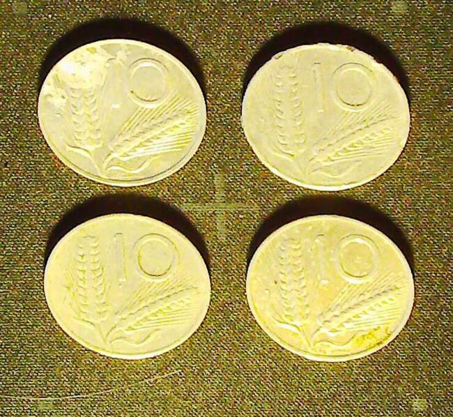 Monety – 4 sztuki, 10 włoskich lirów z 1982, 1979 i 1954 r.,