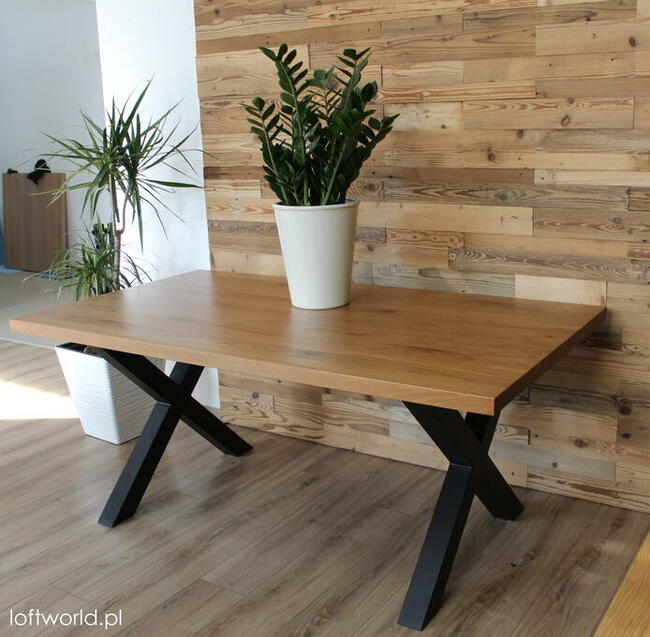 Stół w stylu loft z dębowym blatem/podstawa X